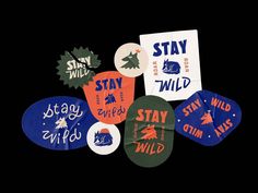 several stickers and magnets are arranged on a black background with the words stay wild