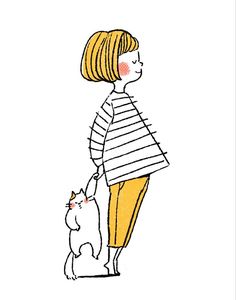 a drawing of a woman walking with her cat on a leash, wearing striped shirt and yellow pants