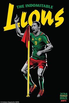 a man holding a flag with the word lions on it and an image of a soccer player