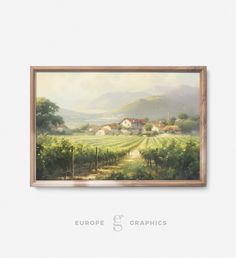 a painting hanging on the wall next to a frame with an image of a vineyard