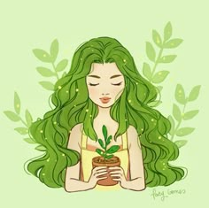 a girl with green hair holding a potted plant and looking down at her hands