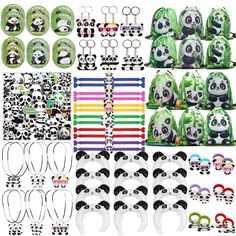 panda bear party supplies including headbands, masks and other items for children's birthday