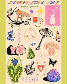 a poster with different types of items in the shape of flowers and butterflies on it