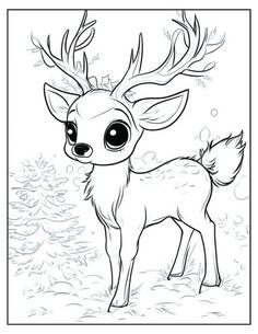 a cartoon deer with big eyes standing in the snow