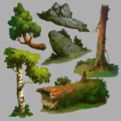 some trees and rocks are shown in this drawing style, including one tree with no leaves