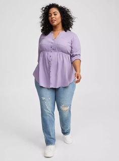 FIT Model is 5'10” wearing size 2. Measures 34” from shoulder (size 2). Babydoll silhouette. MATERIALS + CARE Challis woven fabric: New, improved, and loved by all—and still lightweight, drapey, and (really! ) machine-washable. . Stretch level: None. . 72% rayon, 28% polyester. Machine wash cold. Tumble dry low. Imported. DETAILS Split neckline. Button up. Chest pockets. Long sleeves. The best plus size women's emma babydoll challis tunic the in dusk made of washchallis. Torrid is your destinati Shopping Day, Winter Clothes, Tunic Length, Cozy Fall, Woven Fabric, Baby Dolls, Winter Outfits, Fitness Models, Tunic Tops