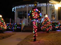 christmas lights decorate trees in front of a house