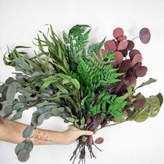 a person holding a bunch of green and purple leaves on top of a white wall