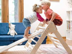 two young children playing on a wooden ladder