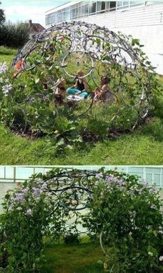 two pictures of people sitting in the middle of a circular garden trellis with purple flowers