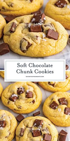 soft chocolate chunk cookies are piled on top of each other and ready to be eaten