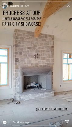 an empty room with a fire place in it and the words progress at our heldespect for the park city showcase