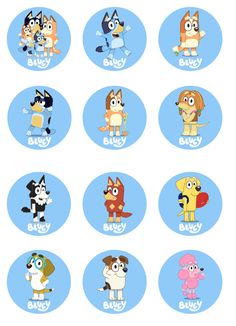 cartoon character stickers with the names of different animals in blue and white circles on them