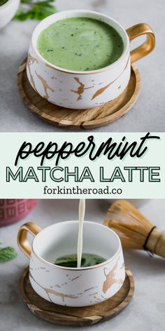 a cup of peppermint matcha latte is being poured into the cup