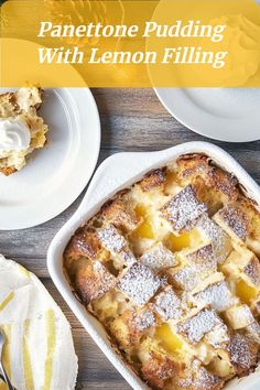 Sweet and tangy panettone bread pudding with creamy lemon filling, a unique festive bread dessert perfect for Christmas gatherings. Lemon Bread Pudding Recipe, Lemon Bread Pudding