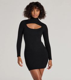 Comfy meets chic in this adorable ribbed knit mini dress featuring a mock neckline, long fitted sleeves, a bold cutout above the bust, and a short bodycon silhouette. Style with knee-high boots.Fit & FeaturesRibbed knit fabric with moderate stretchMock necklineLong fitted sleevesCutout above the bustMini-length bodycon fitRuns true to size Orange Homecoming Dresses, Purple Homecoming Dress, Backless Dress Short, Boots Fit, Green Homecoming Dresses, Beach Wedding Guest Dress, Lace Dress Styles, White Homecoming Dresses, Homecoming Outfits