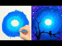 two pictures side by side, one with blue paint and the other has a drawing of a tree