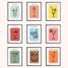 six different types of cocktails are shown in the frame, each with their own name