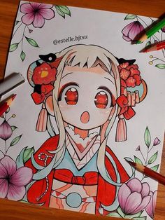 a drawing of a girl with flowers in her hair