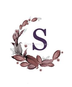 the letter p is surrounded by leaves and flowers on a white background with purple lettering