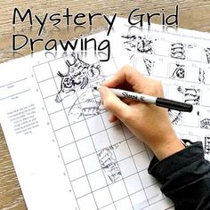 a person writing on a piece of paper with the words mystery grid drawing above it