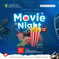 a movie night flyer with popcorn and movies