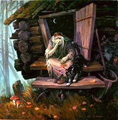 a painting of a man sitting on a bench next to a cat in the woods