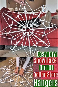 a collage of photos with the words easy diy snowflake out of dollar store hangers