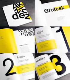 four brochures with black and yellow numbers on them, all in different sizes