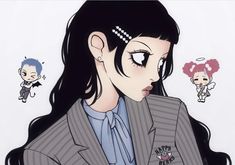 an anime character wearing a pinstripe suit and holding a cell phone to her ear