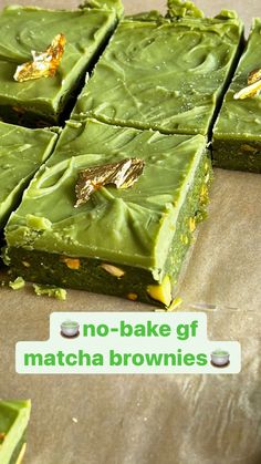 there are no - bake gf matcha brownies on the table