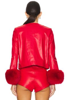 Self 1: 100% fox fur, Self 2: 100% sheep leather, Lining: 100% polyester.  Made in China.  Dry clean only.  .  Front button closure.  Front slip pockets, Padded shoulders.  Detachable fox fur trim, Midweight sheep leather fabric.  .  .  .  .  .  .  .  .  . Leather Jacket With Fur, Jacket With Fur, Fur Leather Jacket, Sheep Leather, Chow Chow, Fox Fur, Leather Fabric, Fur Trim, Sheep