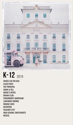 an advertisement for the k - 12 wheels on the bus show in front of a large white building