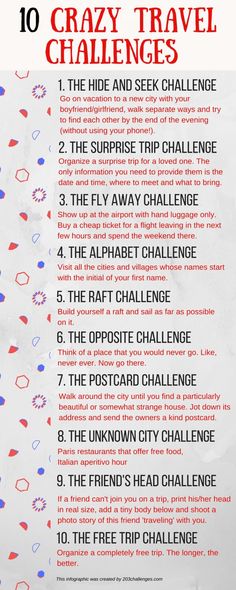 the 10 crazy travel challenges list is shown in red, white and blue with confetti sprinkles