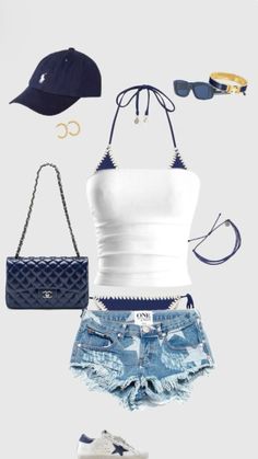 a white tank top and denim shorts with blue accessories on the bottom, including a hat, sunglasses, handbag and purse