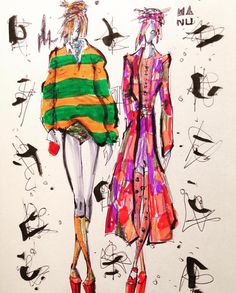 a drawing of two women in colorful clothes and shoes, one is wearing a striped coat