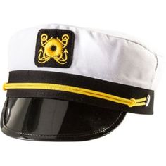 Make a commanding appearance in a Skipper Captain Hat! This official ship captain's hat features an embroidered gold nautical emblem on the front with a shiny black brim and gold braided rope detail. It's great for nautical-themed parties boat parties or just another day on the yacht. No sailor costume is seaworthy without one!  Skipper Captain Hat product details:  8in wide x 9 1-2in long x 4in tall Nylon and plastic Snap closure One size fits most teens and adults Captain's Hat, Hat Halloween Costume, Nautical Themed Party, Boat Captain, White Costumes, Fancy Dress Up, Nautical Looks, Sailor Hat, Halloween Costume Shop