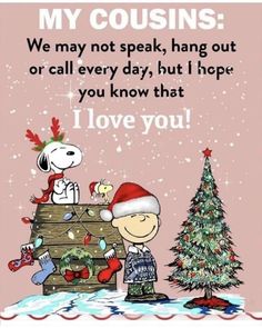 a snoopy christmas card with a dog and a tree in front of the caption that reads, my cousins we may not speak, hang out or call every day, but i hope