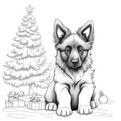 a black and white drawing of a dog sitting next to a christmas tree with presents