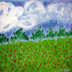 a painting of green grass with red flowers in the foreground and white clouds above