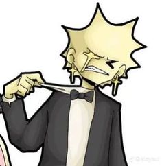 an image of a cartoon character eating food with chopsticks in his hand and wearing a tuxedo