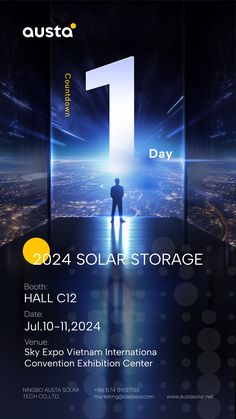 an advertisement for the solar storage event with a man standing in front of a cityscape