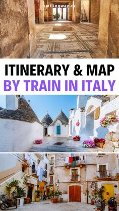 the inside and outside of a building with text that reads itinerary & map by train in italy