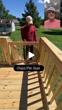 two people standing on a wooden deck with the caption'child / pet gate '