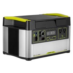 an image of a portable power station with yellow accents on the front and side panels