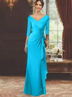 Sheath/Column V-Neck Half Sleeves Floor-Length Mother of the Bride Dre - Mondressy Chic Dress Classy, Moroccan Fashion, Women Dresses Classy, Mother Wedding Dress, Mothers Dresses, Chiffon Gown, Lovely Dresses