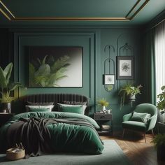 a bedroom with dark green walls and wooden flooring is furnished with an upholstered bed