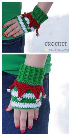 two pictures of the same hand with different designs on it, one is wearing a green and white knitted wrist warmer