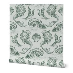 a green and white wallpaper with sea creatures on it