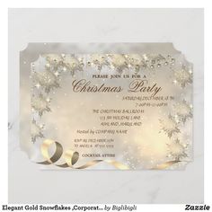 an elegant christmas party card with snowflakes and stars on it, in gold